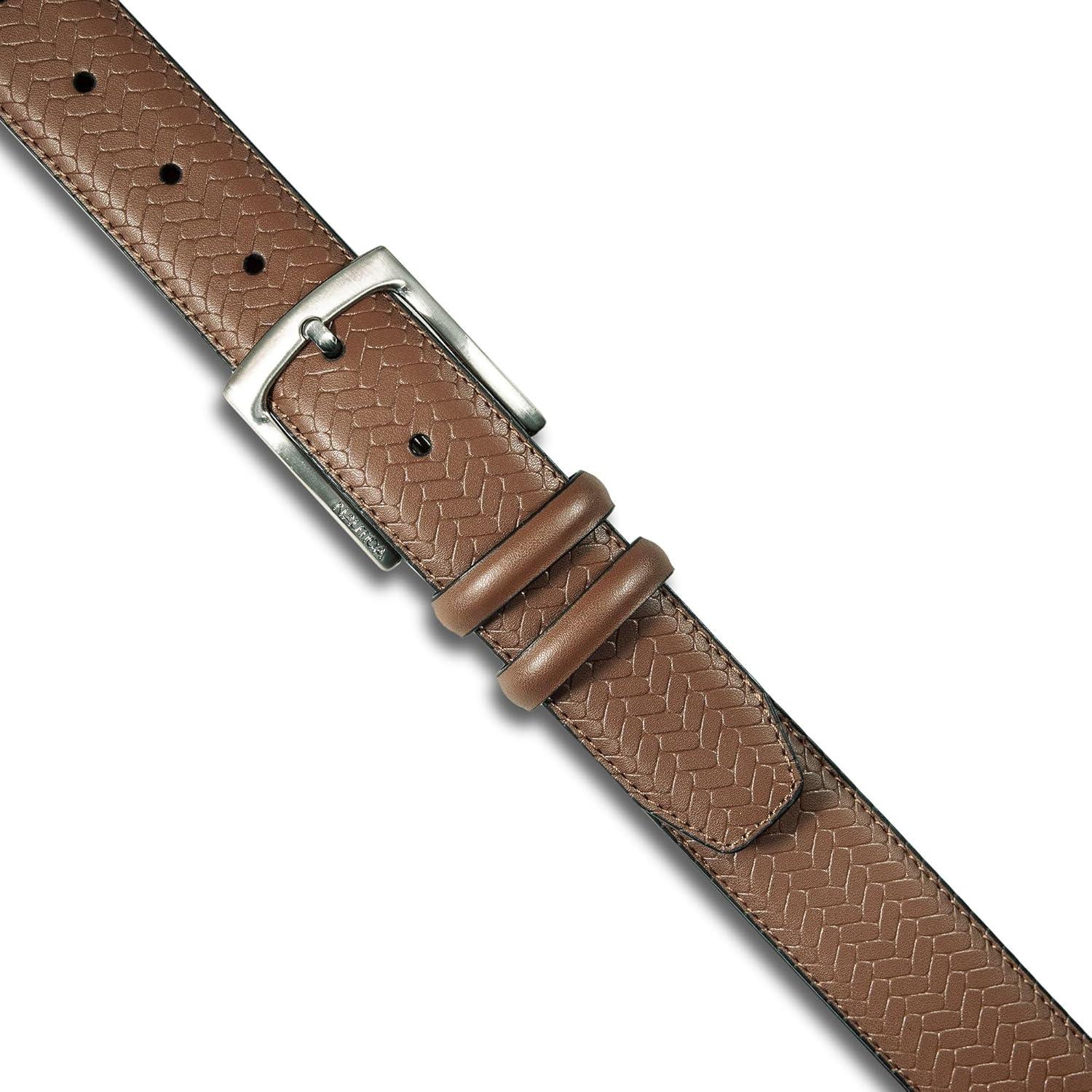 imageNautica Mens Casual Leather Belt Everyday Classic Pants Jeans Khakis Chinos Metal BuckleDouble Keeper Woven Tan
