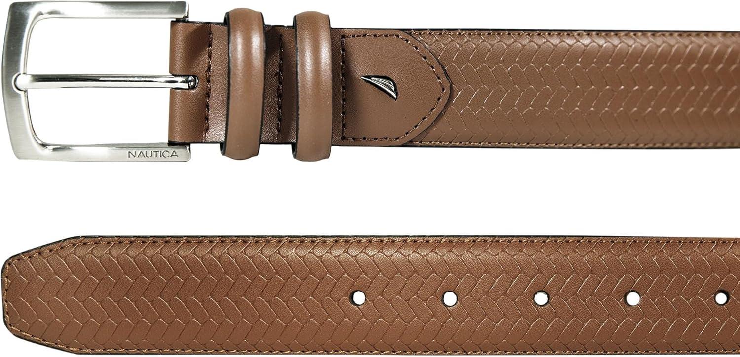 imageNautica Mens Casual Leather Belt Everyday Classic Pants Jeans Khakis Chinos Metal BuckleDouble Keeper Woven Tan