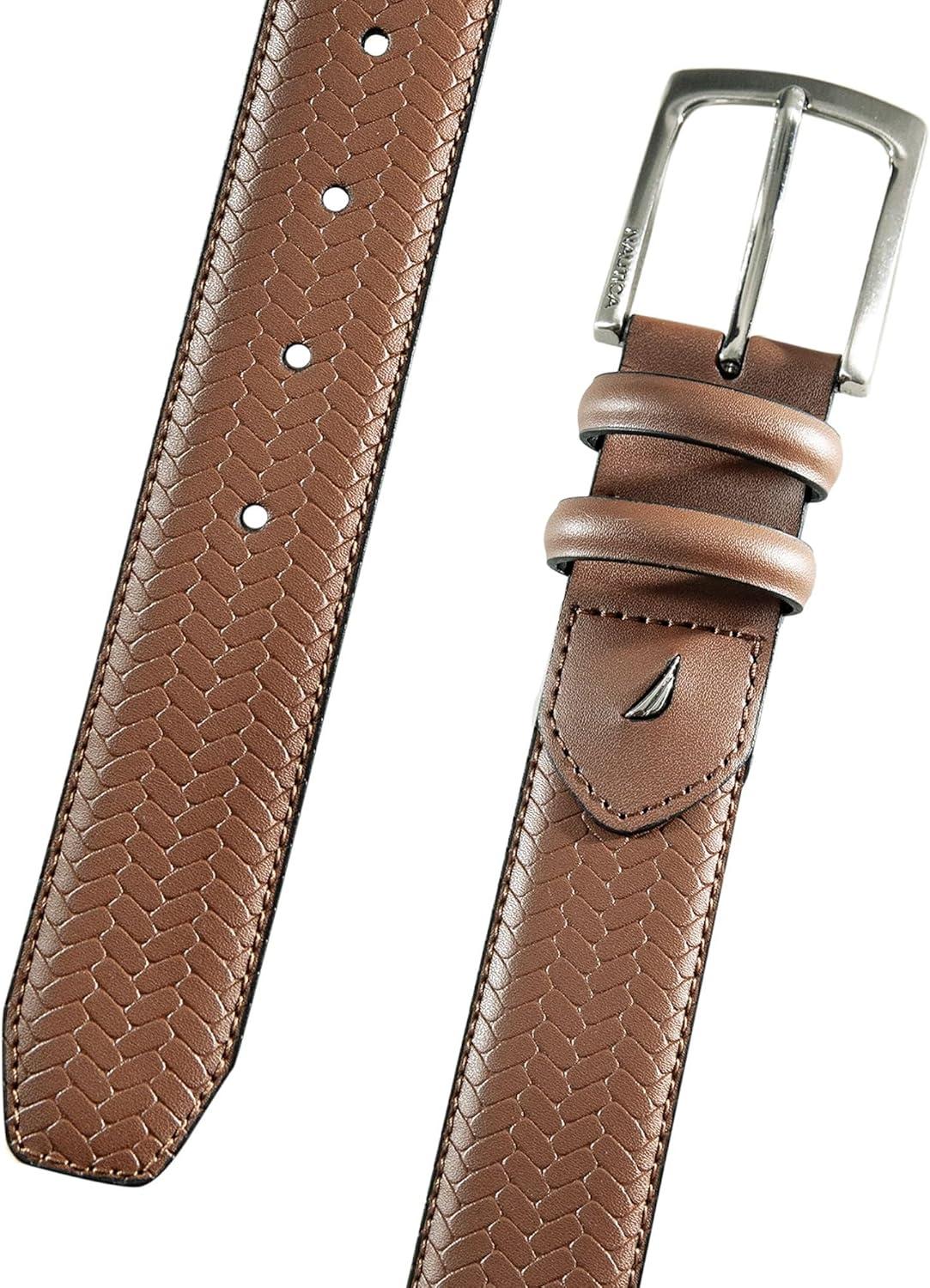 imageNautica Mens Casual Leather Belt Everyday Classic Pants Jeans Khakis Chinos Metal BuckleDouble Keeper Woven Tan