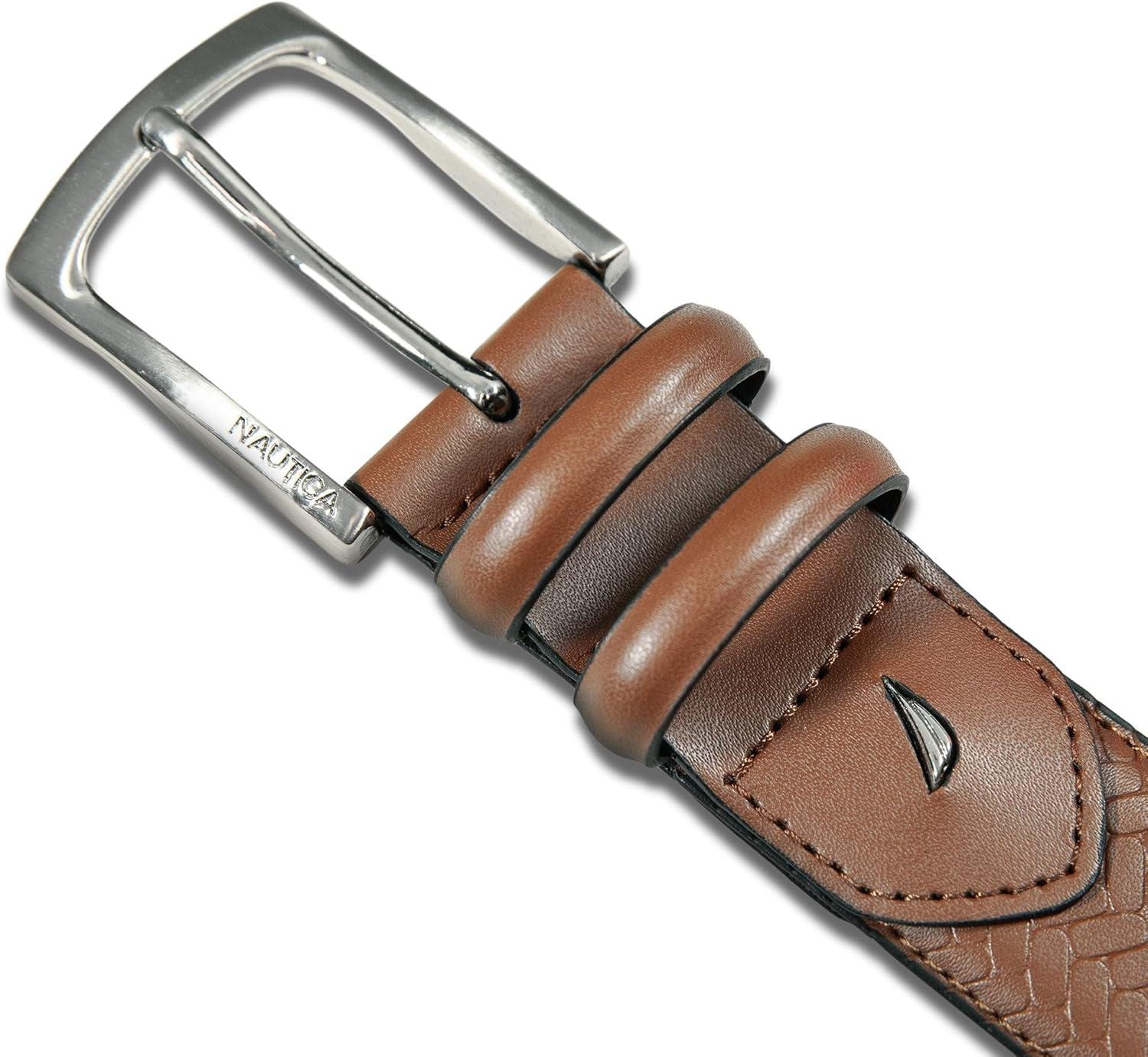 imageNautica Mens Casual Leather Belt Everyday Classic Pants Jeans Khakis Chinos Metal BuckleDouble Keeper Woven Tan