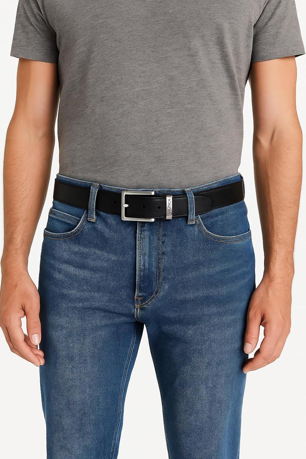 imageNautica Mens Casual Leather Belt Everyday Classic Pants Jeans Khakis Chinos Metal BuckleEngraved Keeper Black