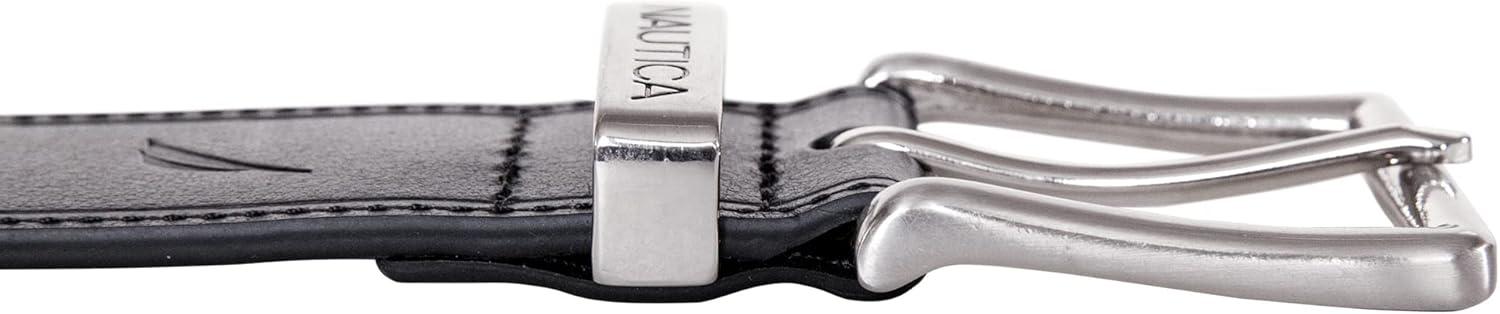 imageNautica Mens Casual Leather Belt Everyday Classic Pants Jeans Khakis Chinos Metal BuckleEngraved Keeper Black