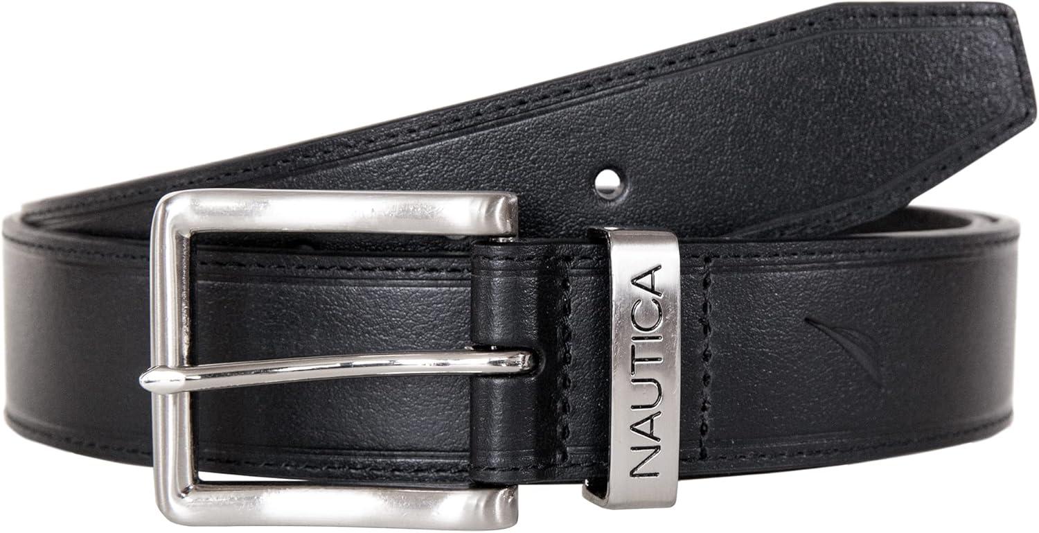 imageNautica Mens Casual Leather Belt Everyday Classic Pants Jeans Khakis Chinos Metal BuckleEngraved Keeper Black