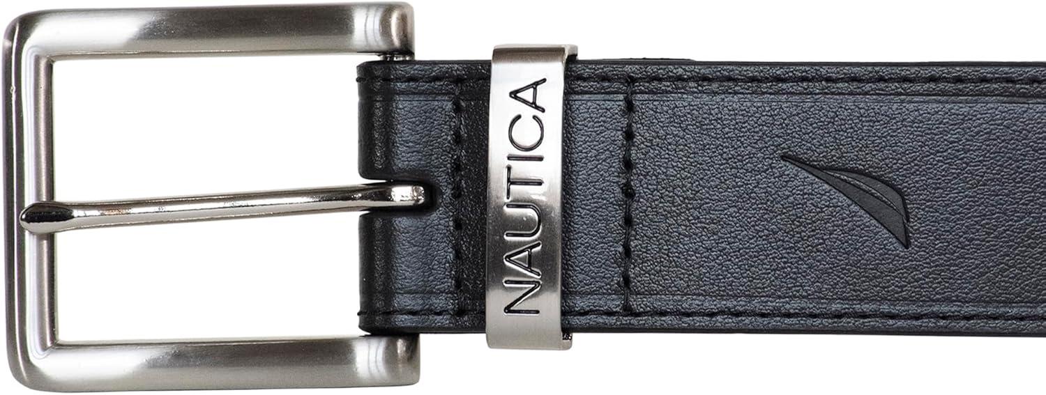 imageNautica Mens Casual Leather Belt Everyday Classic Pants Jeans Khakis Chinos Metal BuckleEngraved Keeper Black