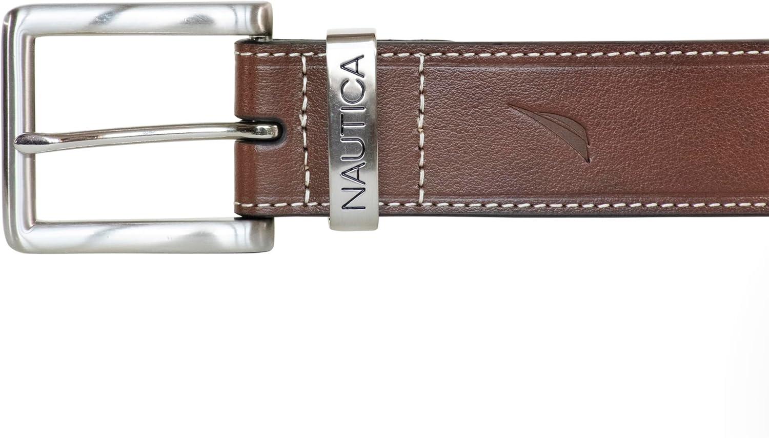 imageNautica Mens Casual Leather Belt Everyday Classic Pants Jeans Khakis Chinos Metal BuckleEngraved Keeper Brown