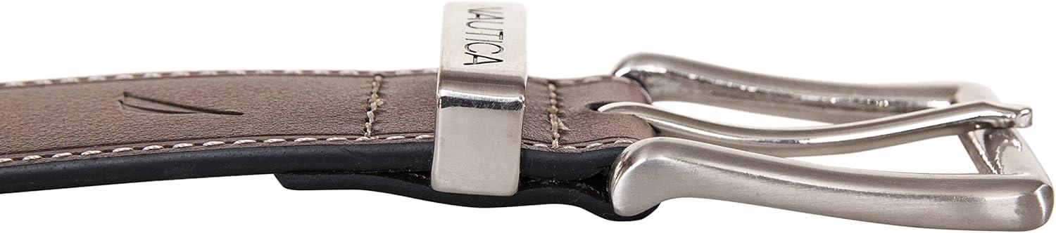 imageNautica Mens Casual Leather Belt Everyday Classic Pants Jeans Khakis Chinos Metal BuckleEngraved Keeper Brown