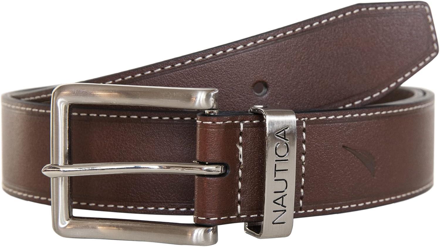 imageNautica Mens Casual Leather Belt Everyday Classic Pants Jeans Khakis Chinos Metal BuckleEngraved Keeper Brown