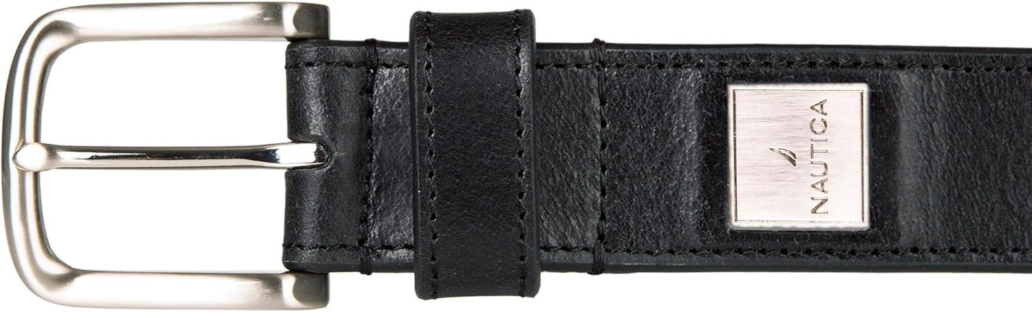 imageNautica Mens Casual Leather Belt Everyday Classic Pants Jeans Khakis Chinos Metal BuckleEngraved Logo Black