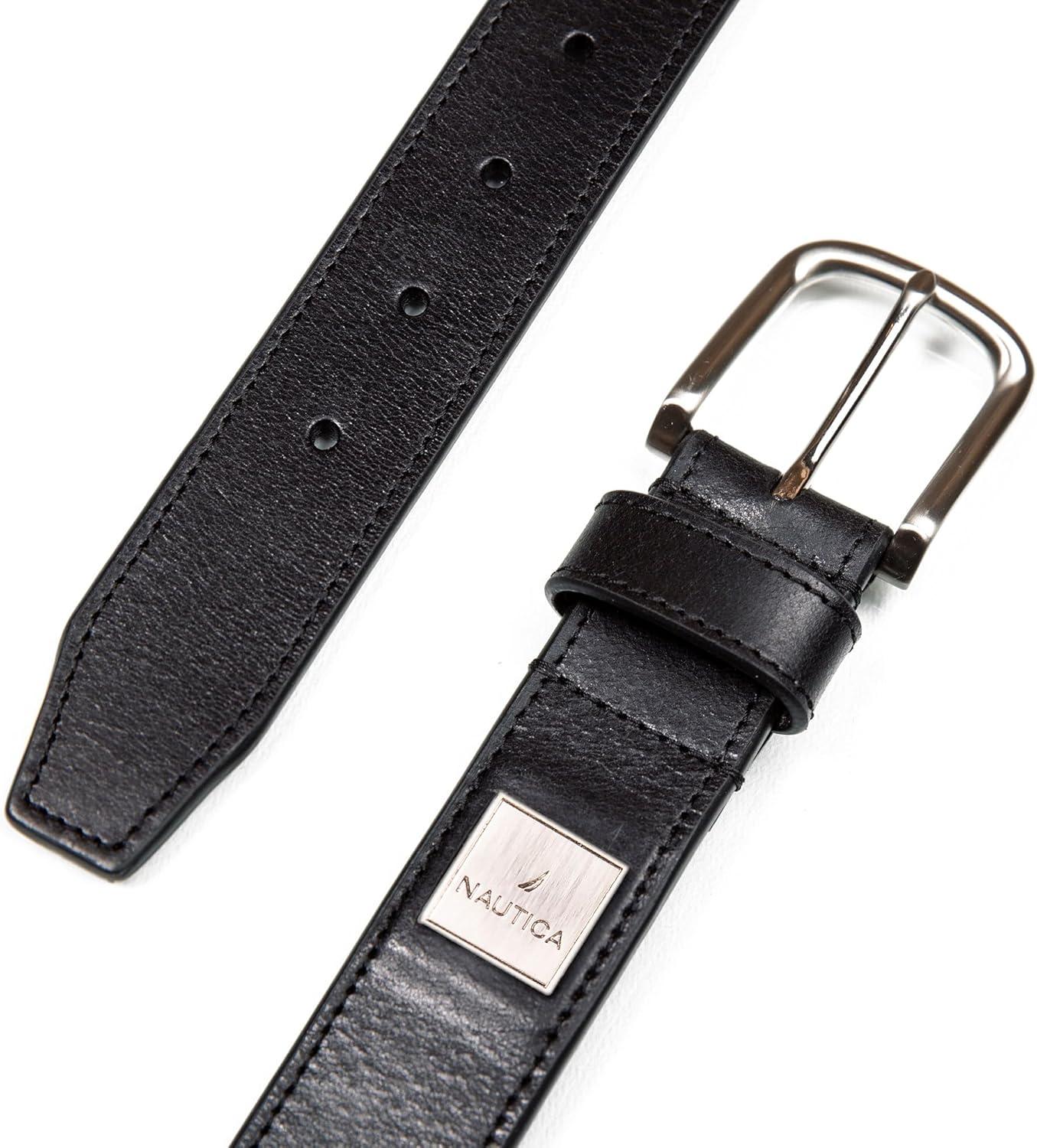 imageNautica Mens Casual Leather Belt Everyday Classic Pants Jeans Khakis Chinos Metal BuckleEngraved Logo Black