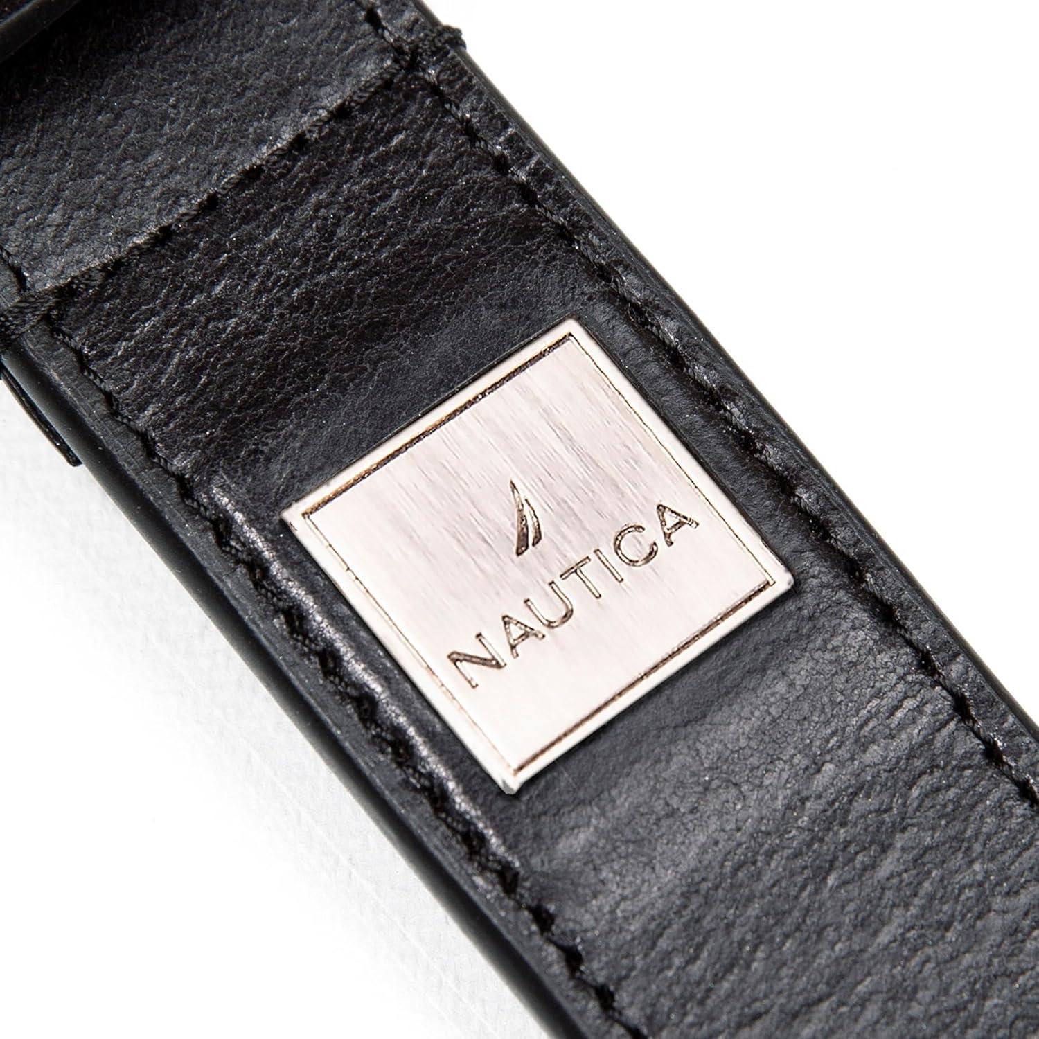 imageNautica Mens Casual Leather Belt Everyday Classic Pants Jeans Khakis Chinos Metal BuckleEngraved Logo Black