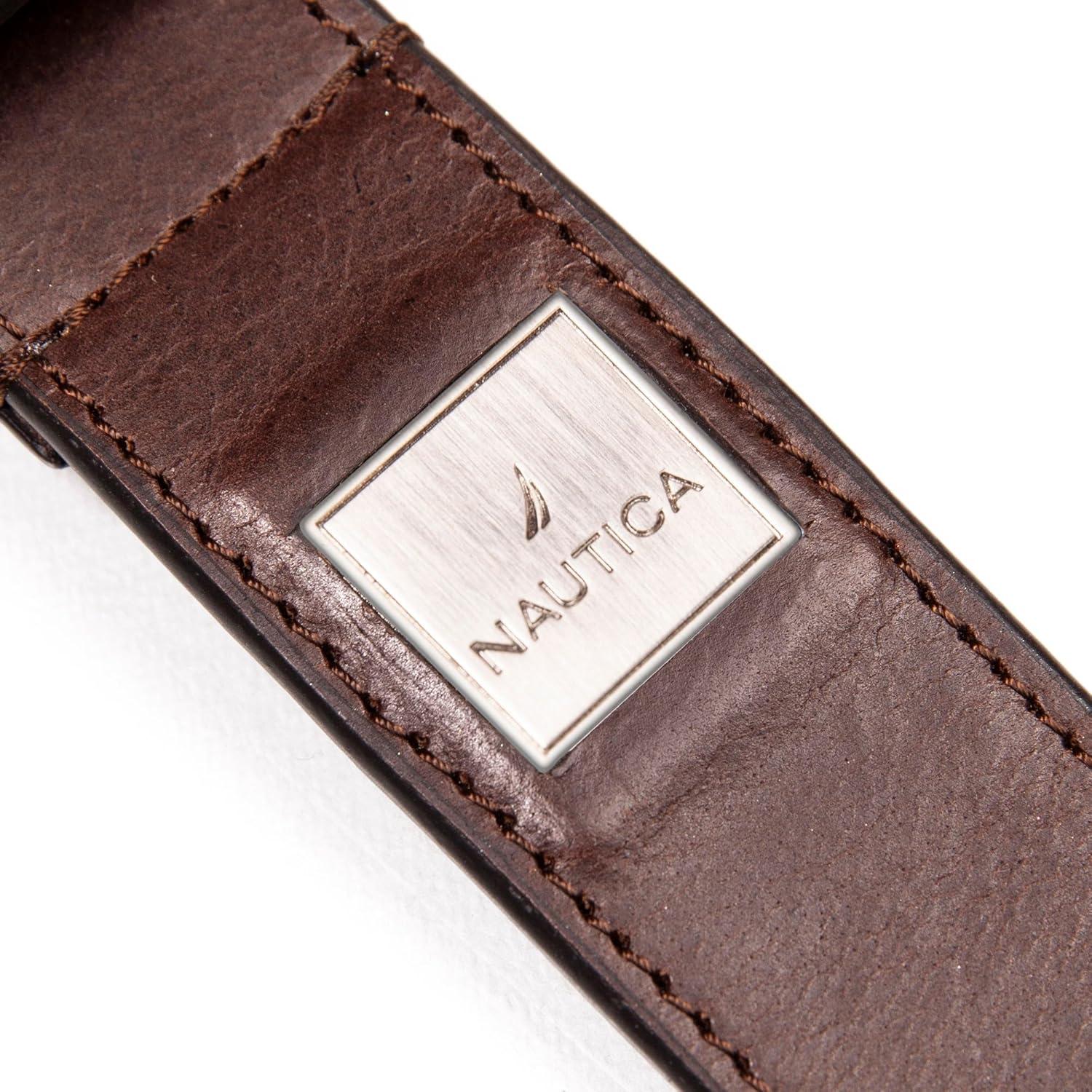 imageNautica Mens Casual Leather Belt Everyday Classic Pants Jeans Khakis Chinos Metal BuckleEngraved Logo Brown
