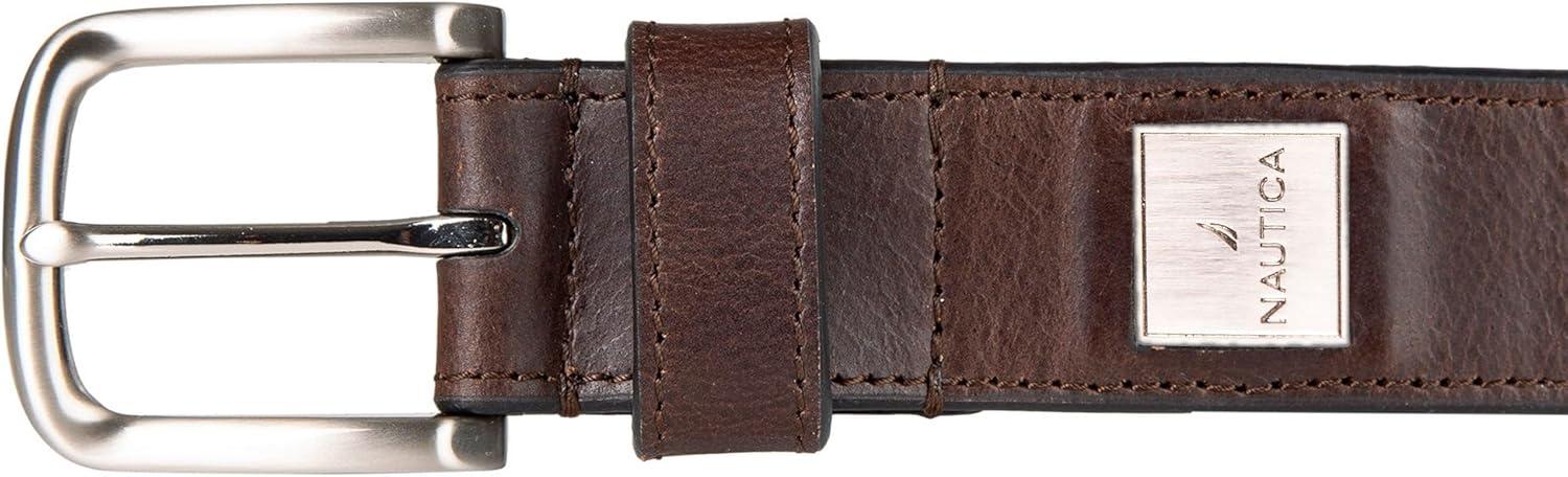 imageNautica Mens Casual Leather Belt Everyday Classic Pants Jeans Khakis Chinos Metal BuckleEngraved Logo Brown