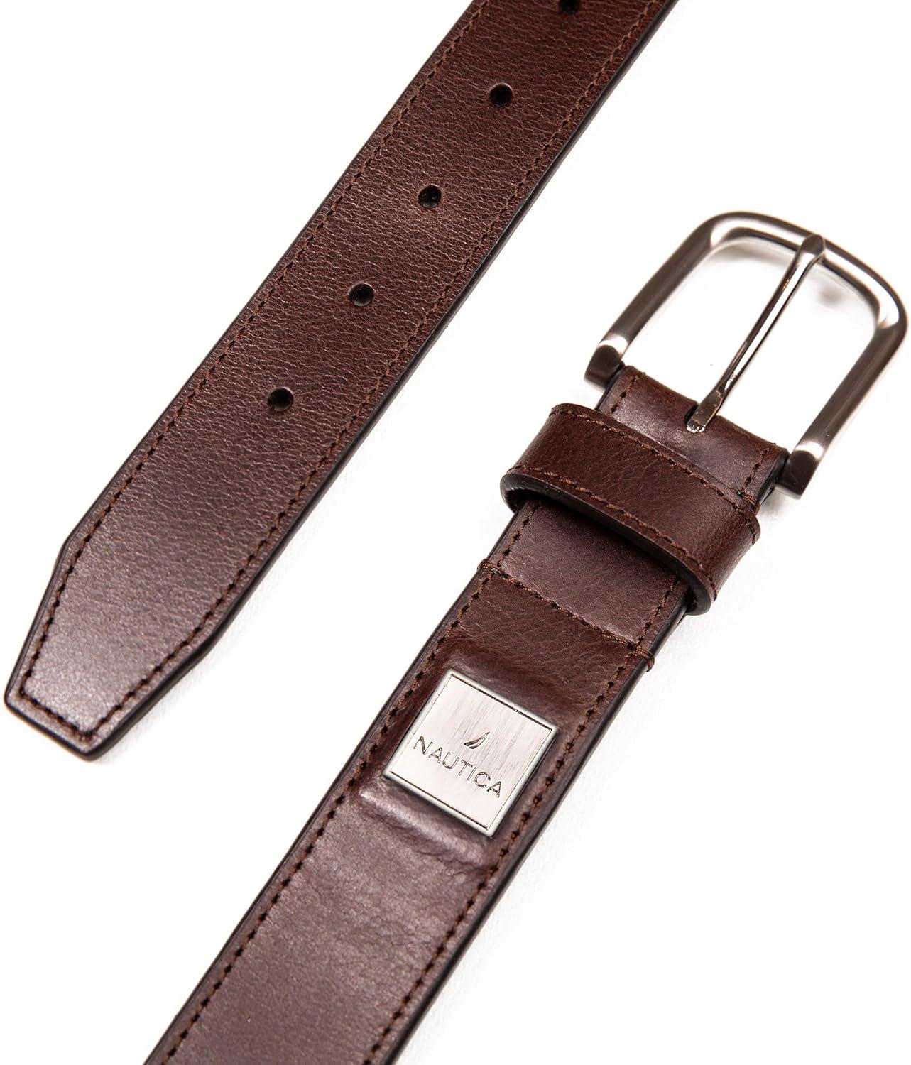 imageNautica Mens Casual Leather Belt Everyday Classic Pants Jeans Khakis Chinos Metal BuckleEngraved Logo Brown