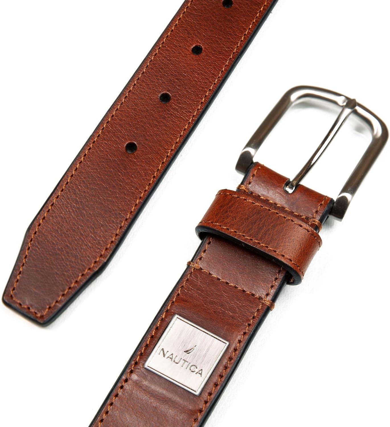 imageNautica Mens Casual Leather Belt Everyday Classic Pants Jeans Khakis Chinos Metal BuckleEngraved Logo Tan