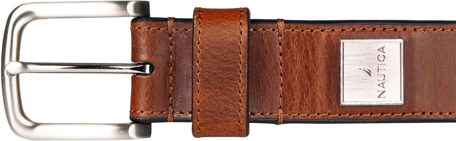 imageNautica Mens Casual Leather Belt Everyday Classic Pants Jeans Khakis Chinos Metal BuckleEngraved Logo Tan