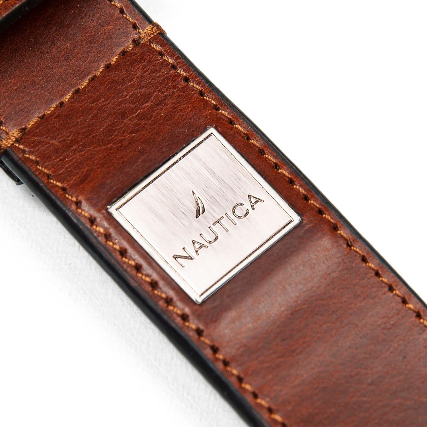 imageNautica Mens Casual Leather Belt Everyday Classic Pants Jeans Khakis Chinos Metal BuckleEngraved Logo Tan