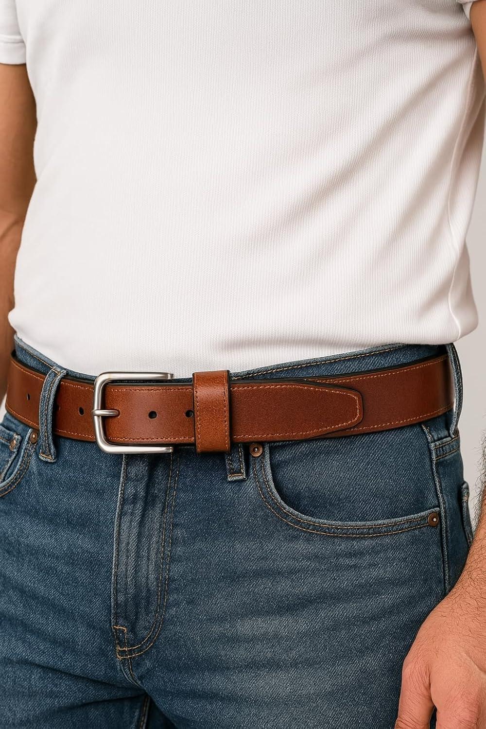 imageNautica Mens Casual Leather Belt Everyday Classic Pants Jeans Khakis Chinos Metal BuckleEngraved Logo Tan