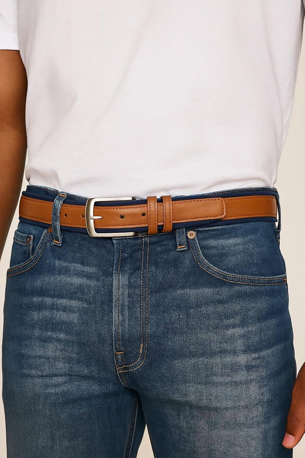 imageNautica Mens Casual Leather Belt Everyday Classic Pants Jeans Khakis Chinos Metal BuckleSignature Canvas Cognac