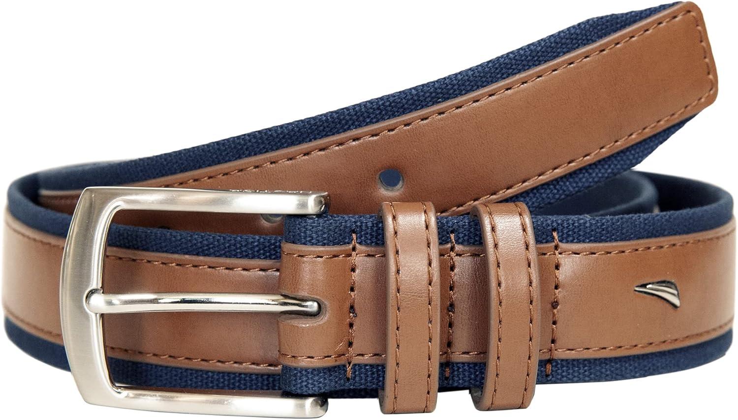 imageNautica Mens Casual Leather Belt Everyday Classic Pants Jeans Khakis Chinos Metal BuckleSignature Canvas Cognac