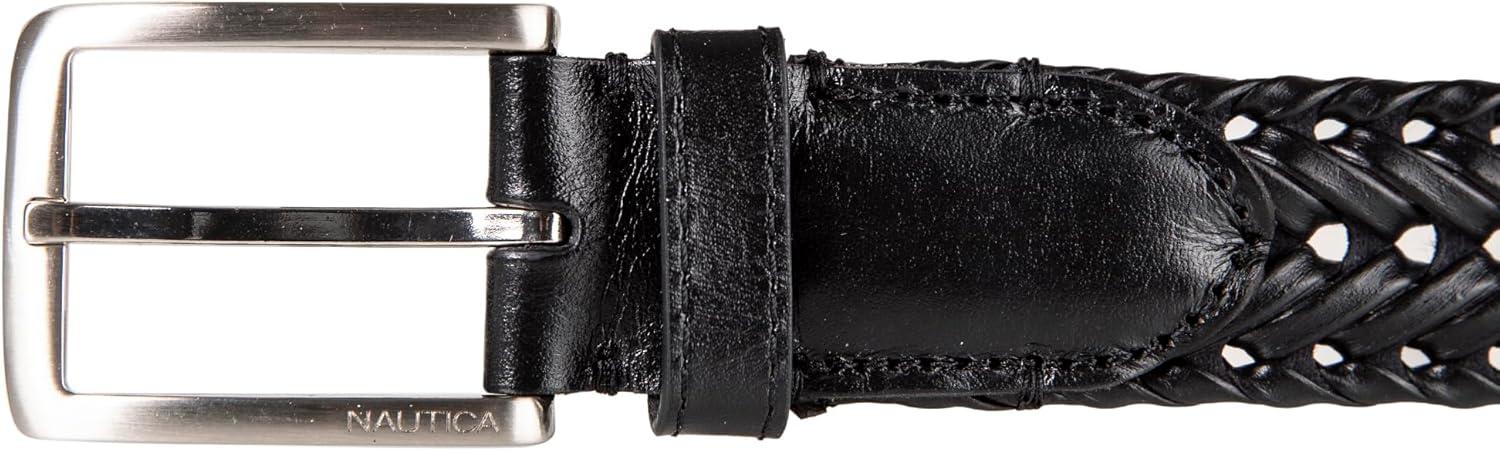 imageNautica Mens Casual Leather Belt Everyday Classic Pants Jeans Khakis Chinos Metal BuckleWoven Detail Black