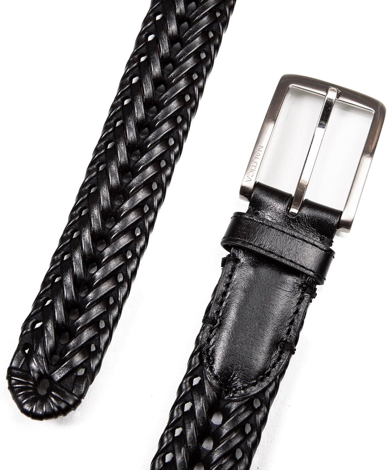 imageNautica Mens Casual Leather Belt Everyday Classic Pants Jeans Khakis Chinos Metal BuckleWoven Detail Black