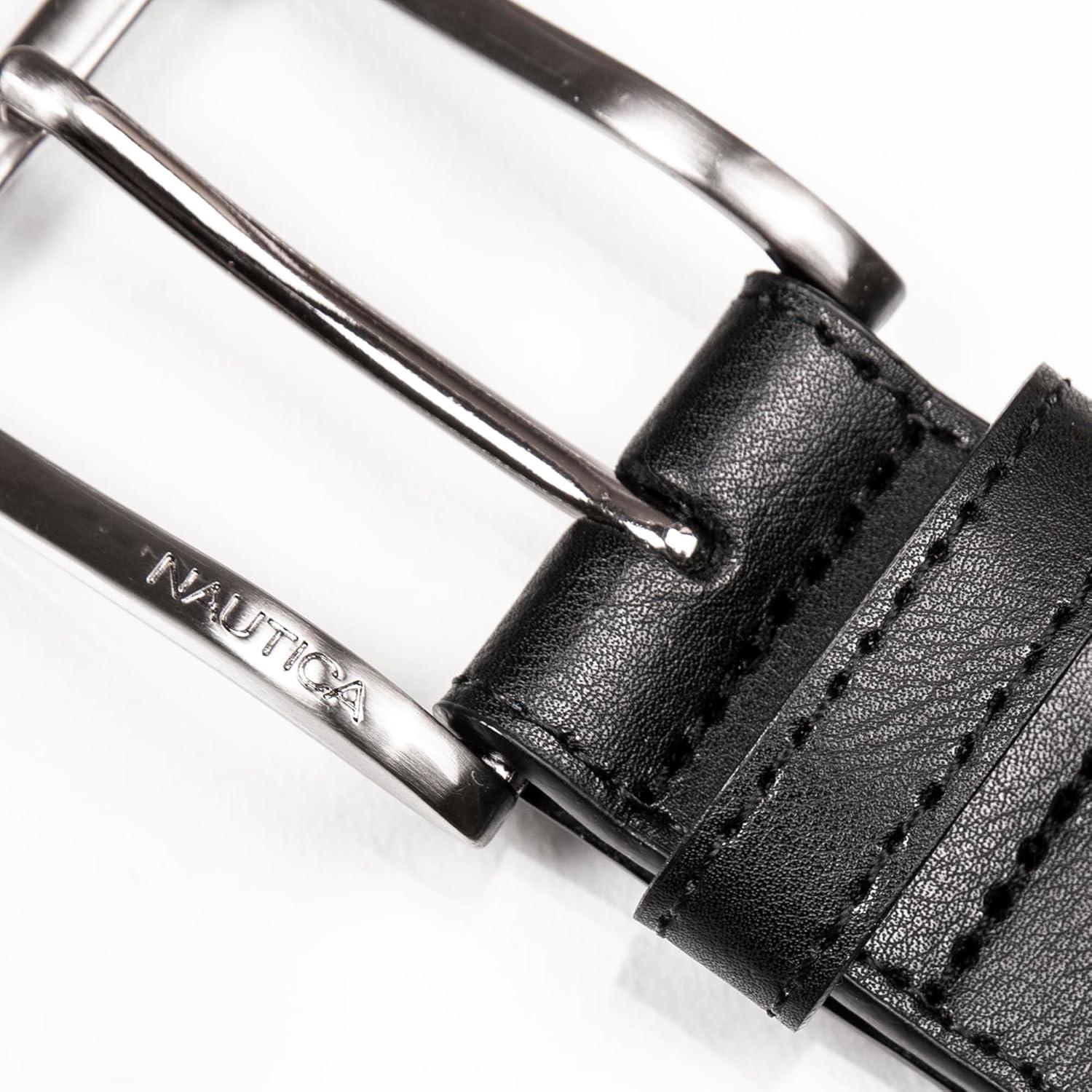 imageNautica Mens Dress Leather Belt for Suits and Pants Classic Business Fashion Adjustable Metal BuckleCenter Woven Black