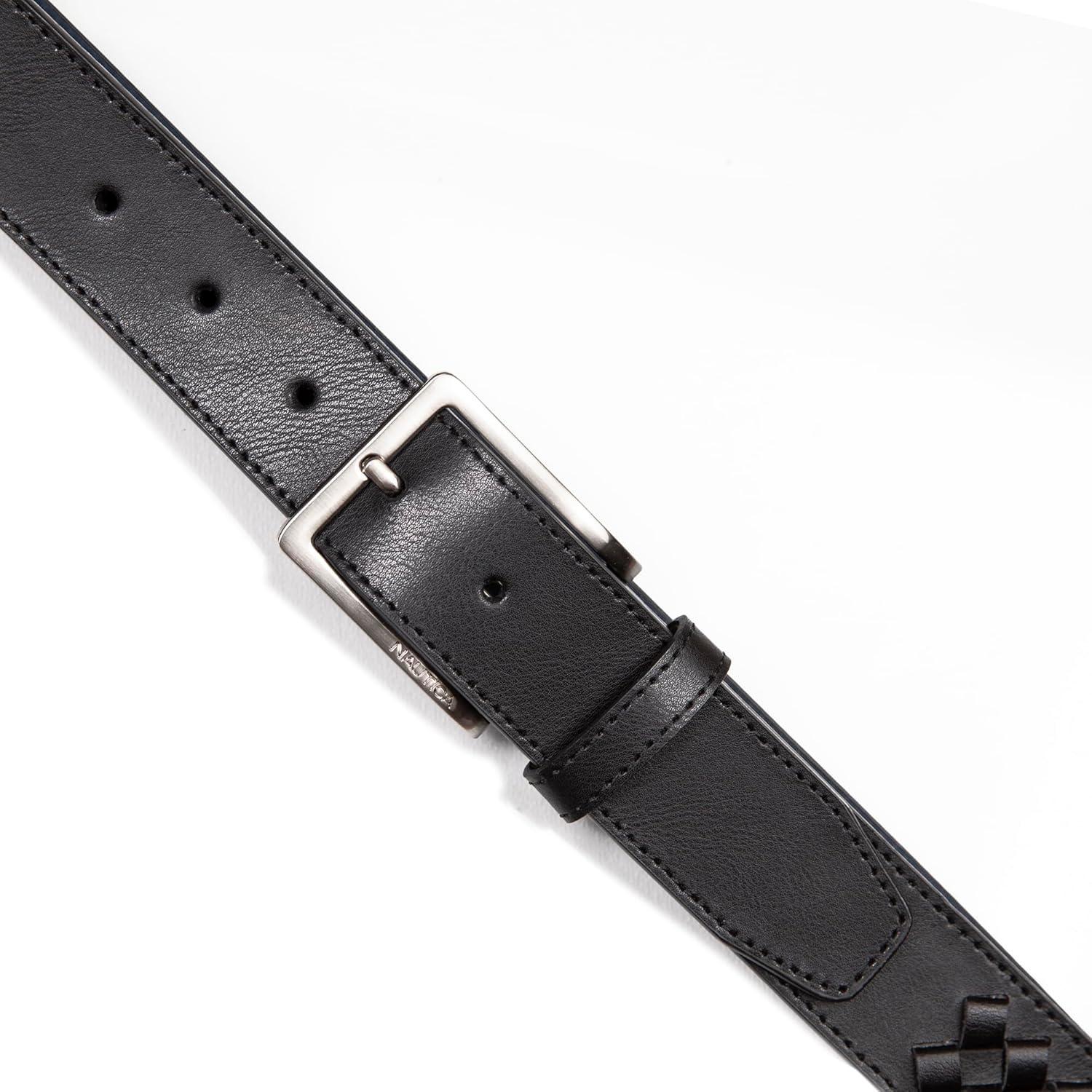 imageNautica Mens Dress Leather Belt for Suits and Pants Classic Business Fashion Adjustable Metal BuckleCenter Woven Black