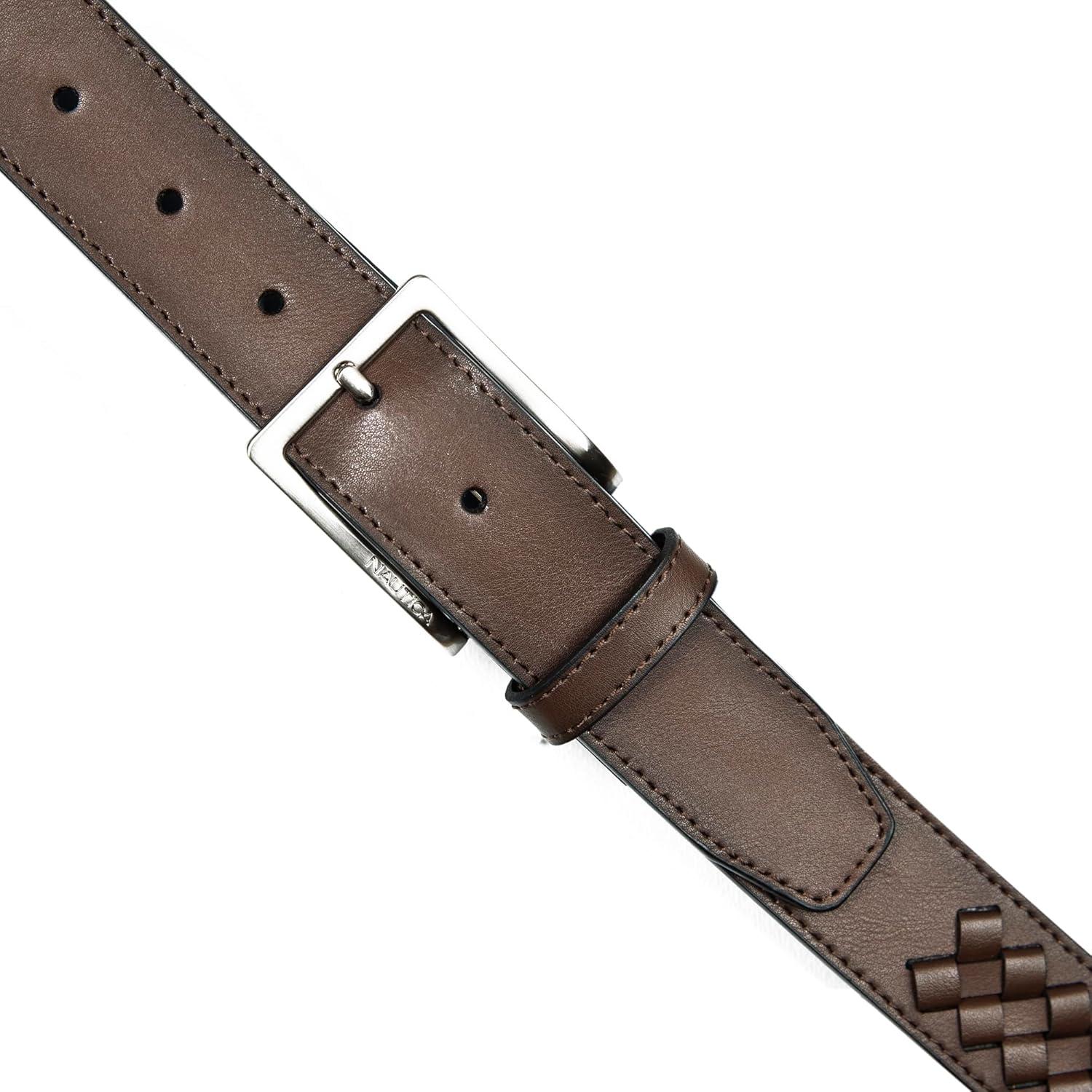 imageNautica Mens Dress Leather Belt for Suits and Pants Classic Business Fashion Adjustable Metal BuckleCenter Woven Brown