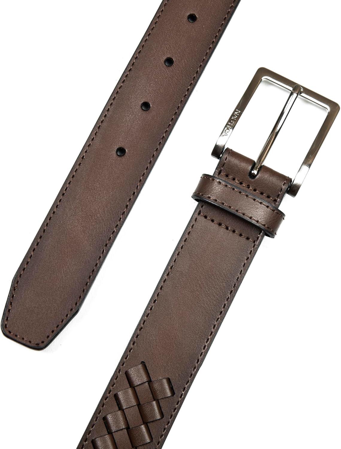 imageNautica Mens Dress Leather Belt for Suits and Pants Classic Business Fashion Adjustable Metal BuckleCenter Woven Brown