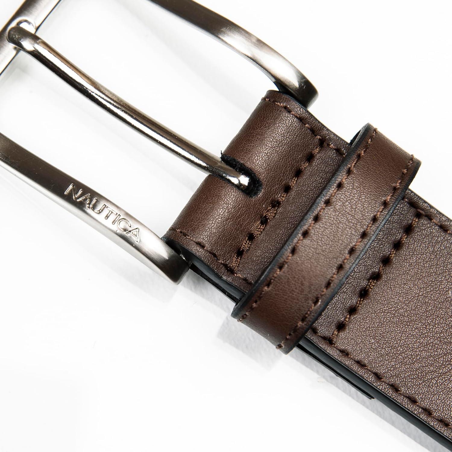 imageNautica Mens Dress Leather Belt for Suits and Pants Classic Business Fashion Adjustable Metal BuckleCenter Woven Brown