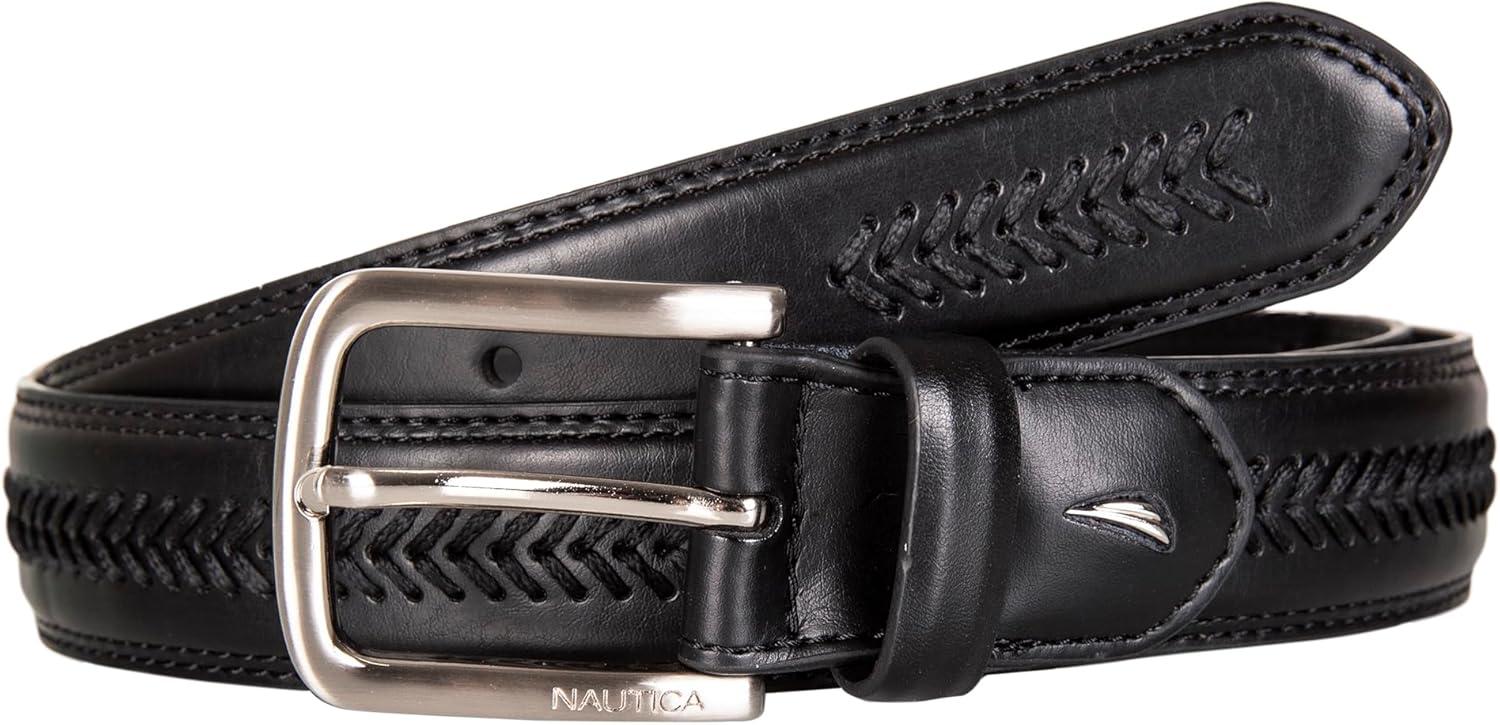 imageNautica Mens Dress Leather Belt for Suits and Pants Classic Business Fashion Adjustable Metal BuckleLeather Laced Black