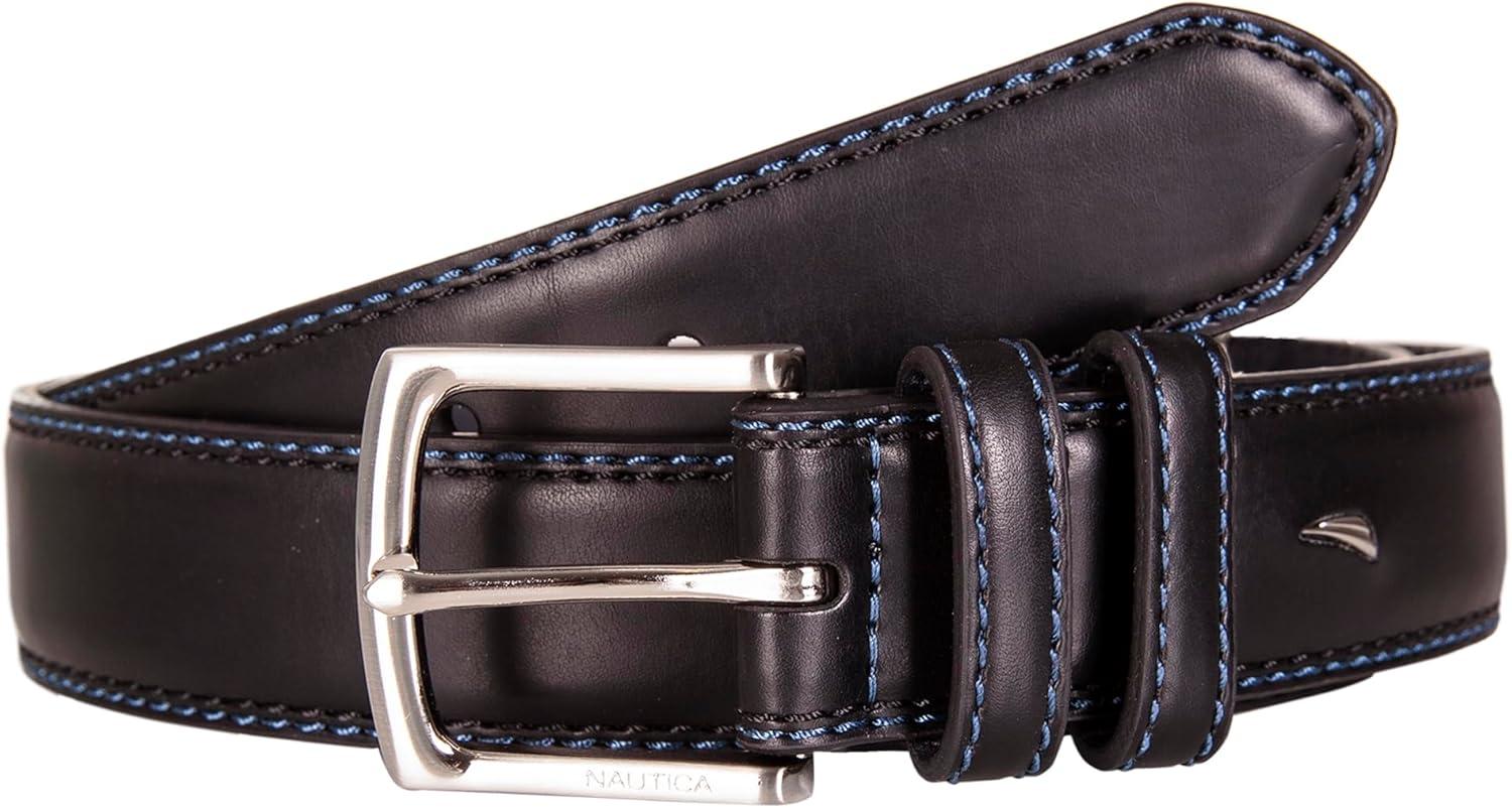 imageNautica Mens Dress Leather Belt for Suits and Pants Classic Business Fashion Adjustable Metal BuckleLogo Inlay Double Keeper Black
