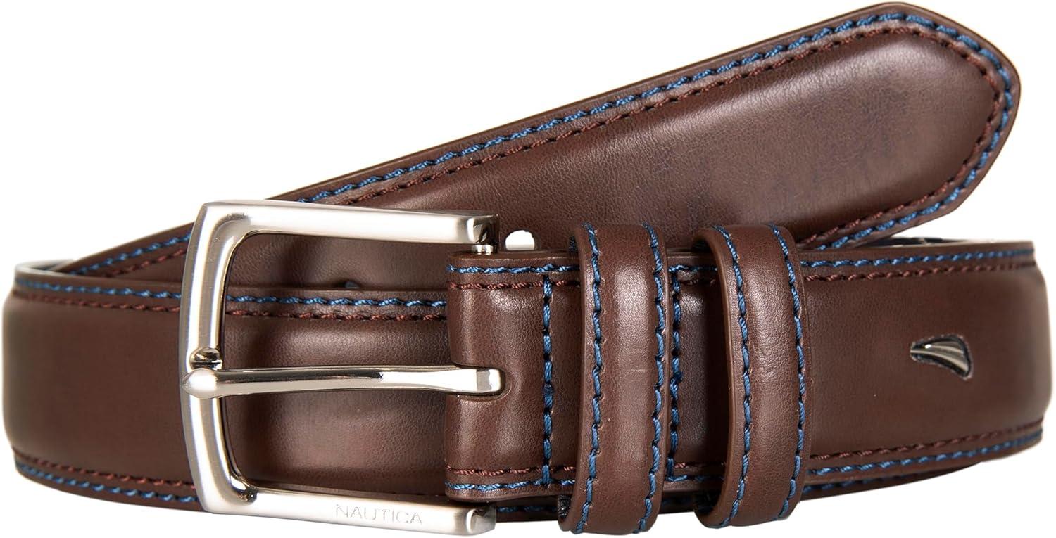 imageNautica Mens Dress Leather Belt for Suits and Pants Classic Business Fashion Adjustable Metal BuckleLogo Inlay Double Keeper Brown