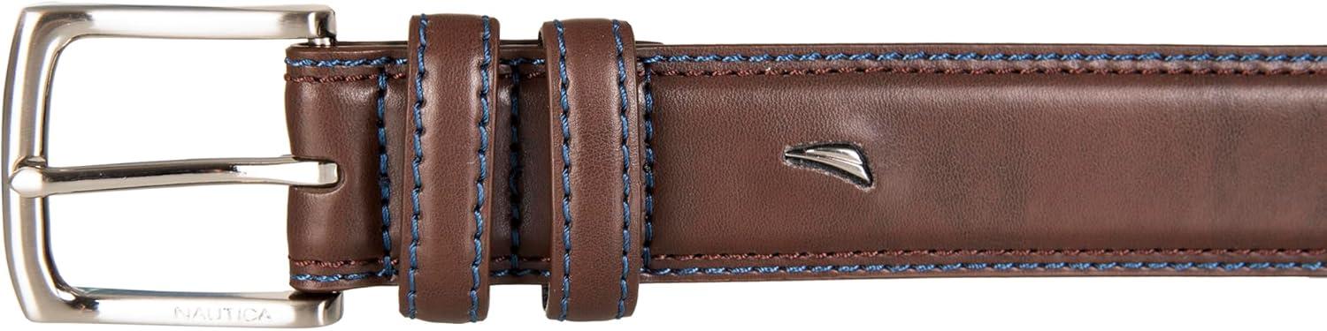 imageNautica Mens Dress Leather Belt for Suits and Pants Classic Business Fashion Adjustable Metal BuckleLogo Inlay Double Keeper Brown