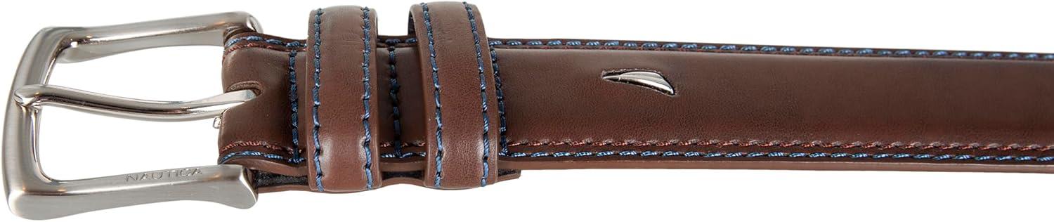 imageNautica Mens Dress Leather Belt for Suits and Pants Classic Business Fashion Adjustable Metal BuckleLogo Inlay Double Keeper Brown