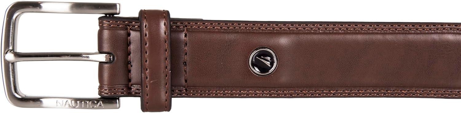 imageNautica Mens Dress Leather Belt for Suits and Pants Classic Business Fashion Adjustable Metal BuckleLogo Inlay Double Stitch Brown