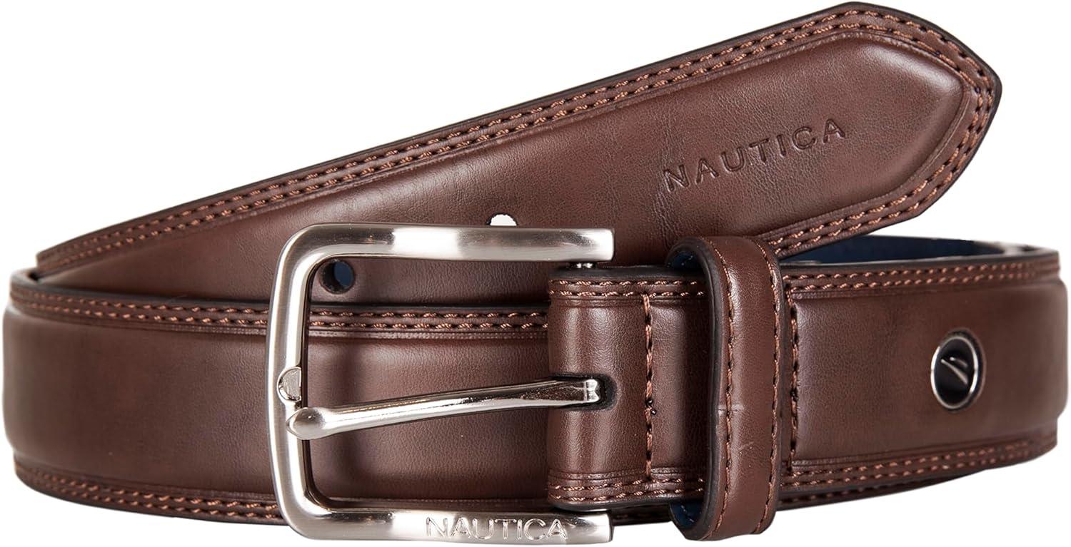 imageNautica Mens Dress Leather Belt for Suits and Pants Classic Business Fashion Adjustable Metal BuckleLogo Inlay Double Stitch Brown