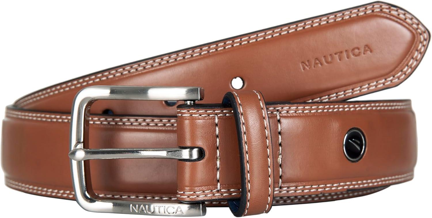imageNautica Mens Dress Leather Belt for Suits and Pants Classic Business Fashion Adjustable Metal BuckleLogo Inlay Double Stitch Cognac