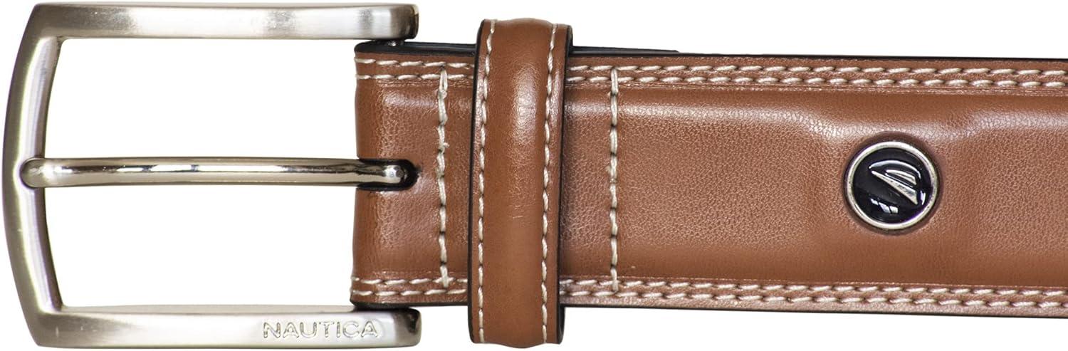 imageNautica Mens Dress Leather Belt for Suits and Pants Classic Business Fashion Adjustable Metal BuckleLogo Inlay Double Stitch Cognac