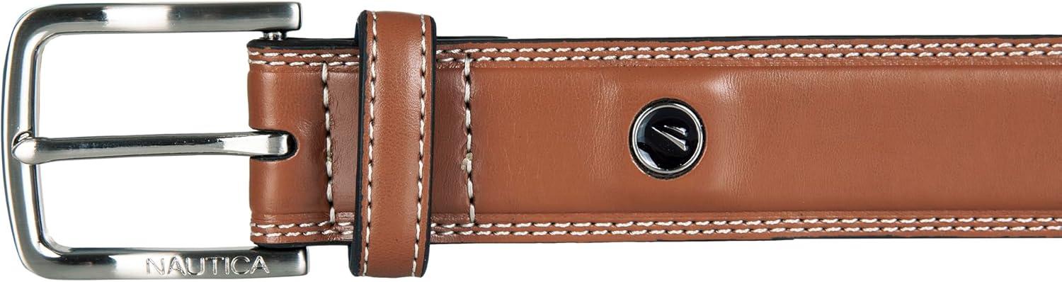 imageNautica Mens Dress Leather Belt for Suits and Pants Classic Business Fashion Adjustable Metal BuckleLogo Inlay Double Stitch Cognac