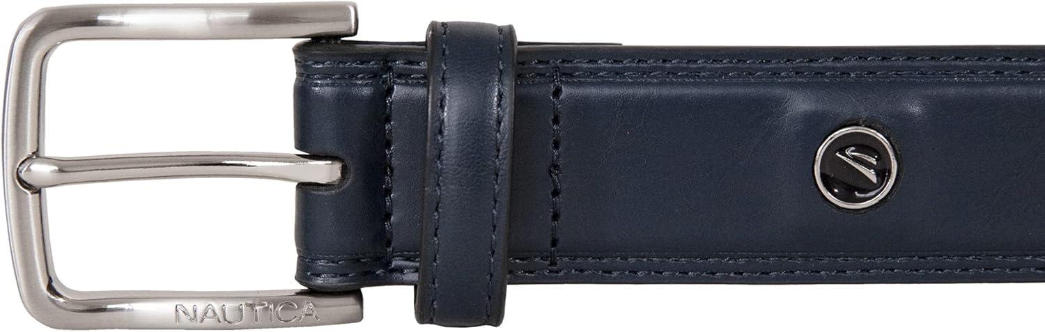 imageNautica Mens Dress Leather Belt for Suits and Pants Classic Business Fashion Adjustable Metal BuckleLogo Inlay Double Stitch Navy
