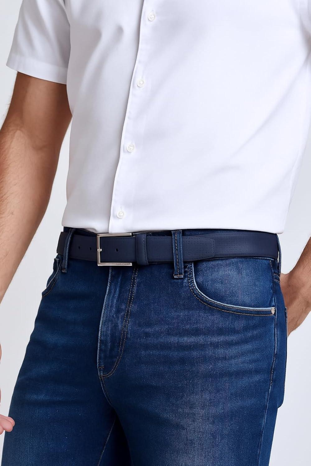 imageNautica Mens Dress Leather Belt for Suits and Pants Classic Business Fashion Adjustable Metal BucklePerforated Dress Navy