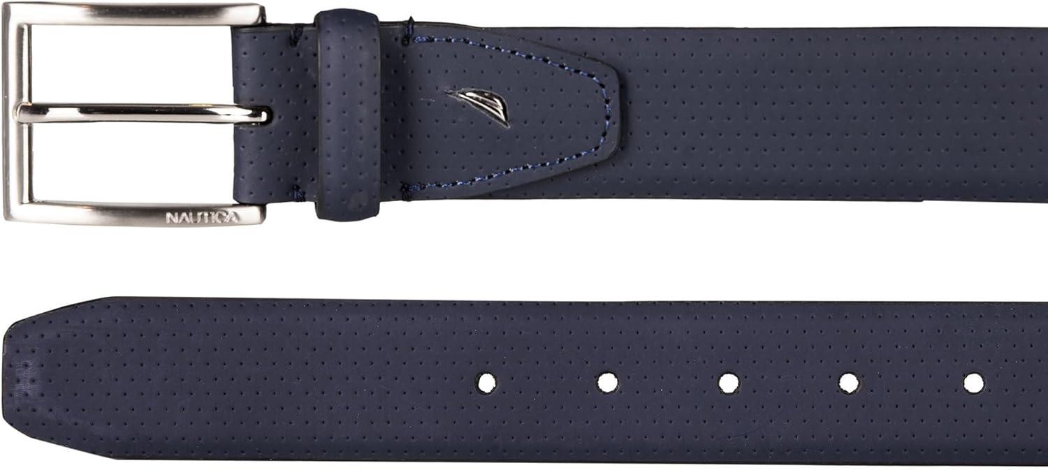 imageNautica Mens Dress Leather Belt for Suits and Pants Classic Business Fashion Adjustable Metal BucklePerforated Dress Navy