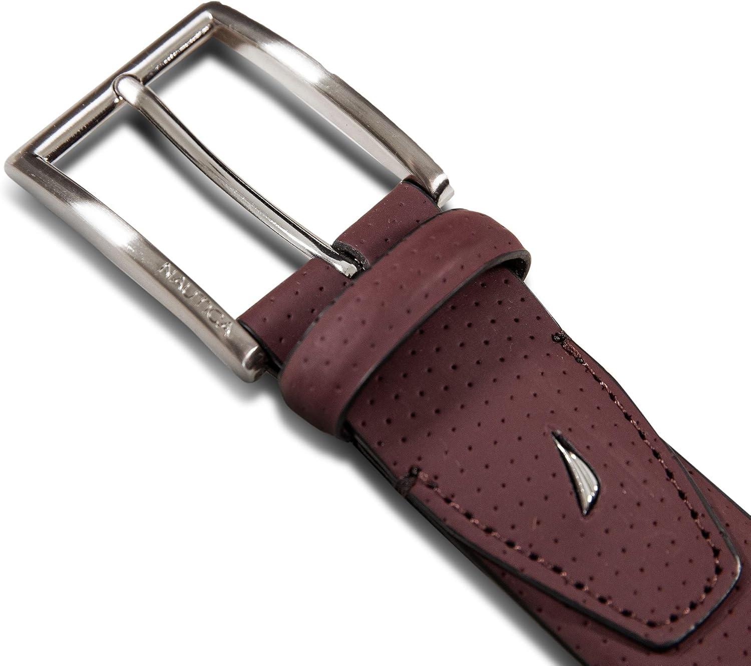 imageNautica Mens Dress Leather Belt for Suits and Pants Classic Business Fashion Adjustable Metal BucklePerforated Dress Zinfandel