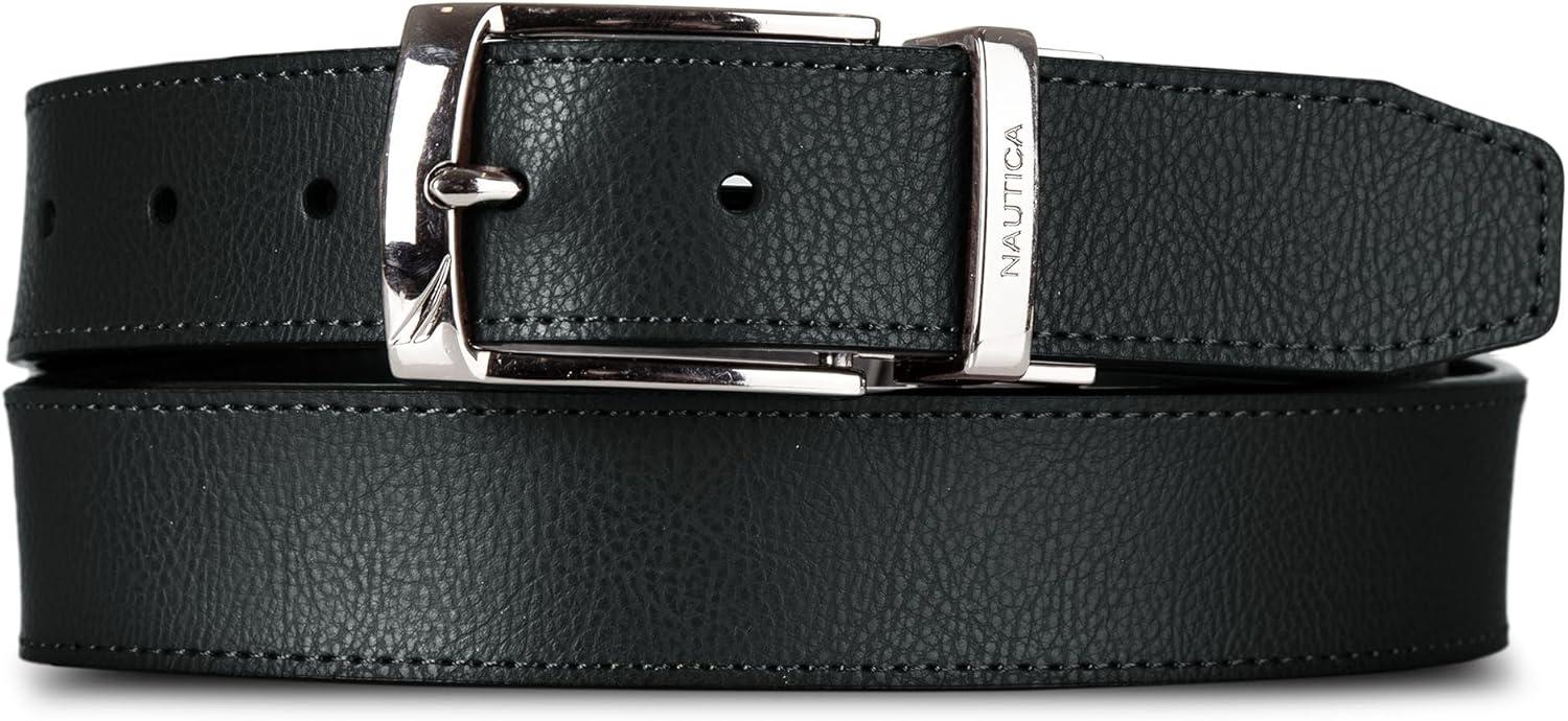 imageNautica Mens Reversible Leather Belt 2in1 Classic Everyday Business Work Dress Casual Metal BuckleEngraved BrownBlack