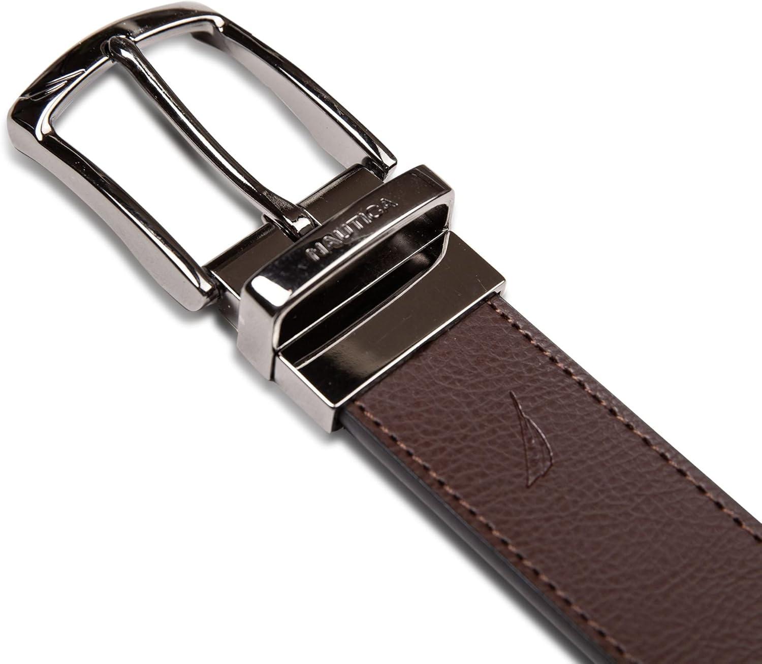 imageNautica Mens Reversible Leather Belt 2in1 Classic Everyday Business Work Dress Casual Metal BuckleEngraved BrownBlack