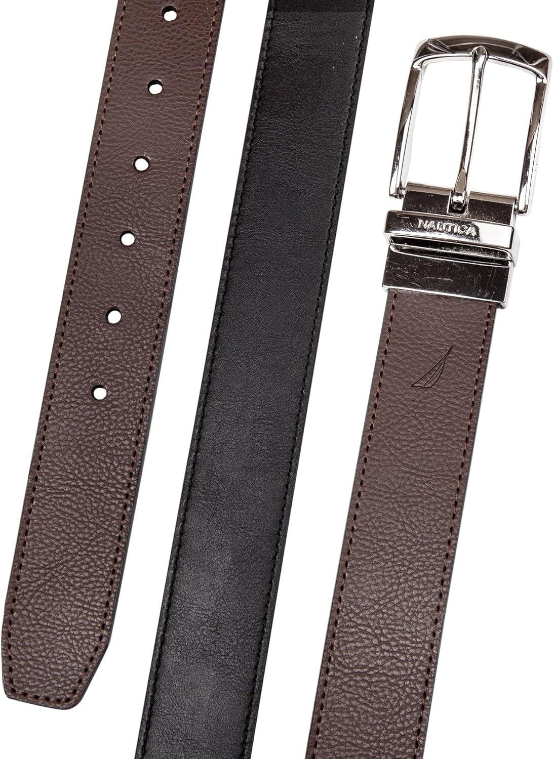 imageNautica Mens Reversible Leather Belt 2in1 Classic Everyday Business Work Dress Casual Metal BuckleEngraved BrownBlack