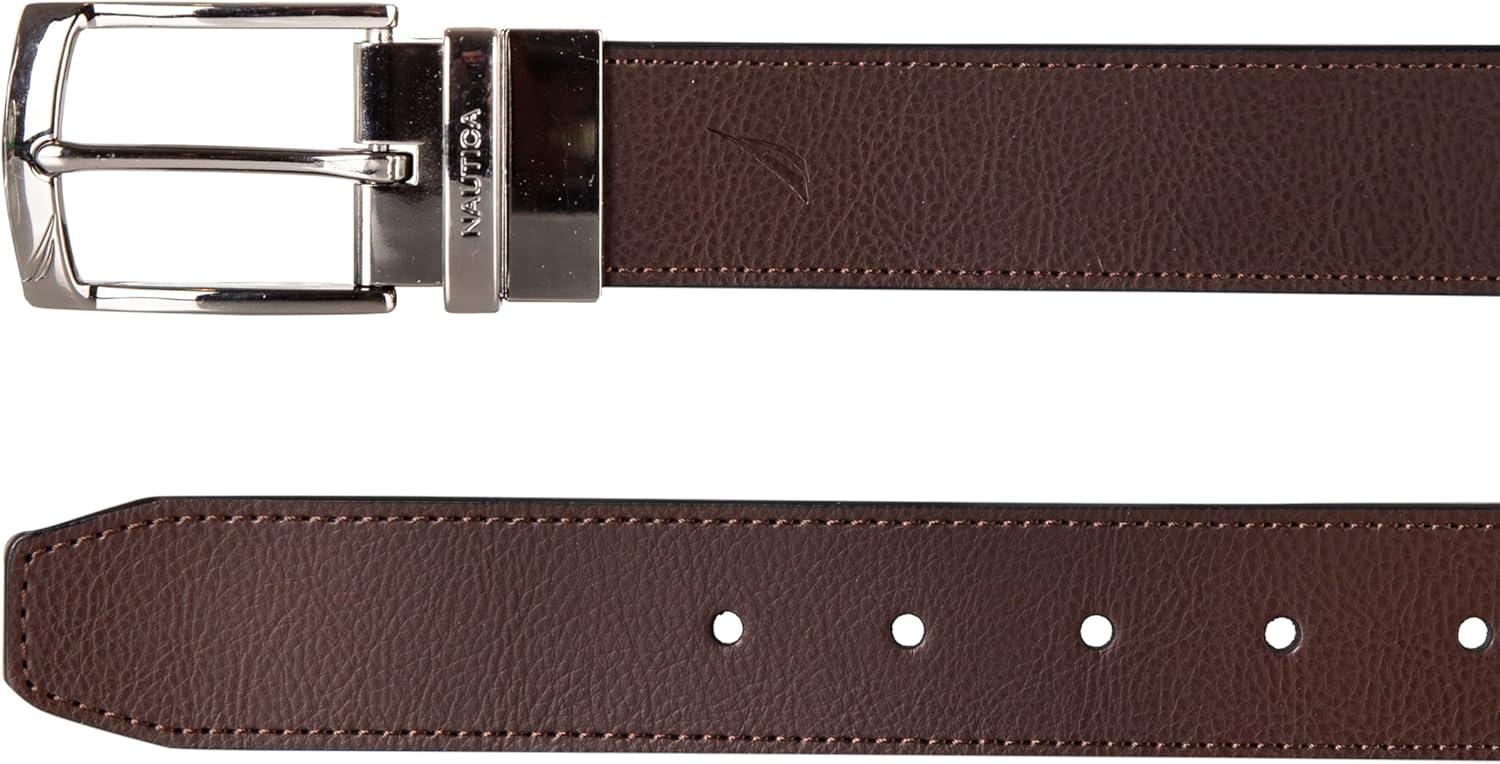 imageNautica Mens Reversible Leather Belt 2in1 Classic Everyday Business Work Dress Casual Metal BuckleEngraved BrownBlack