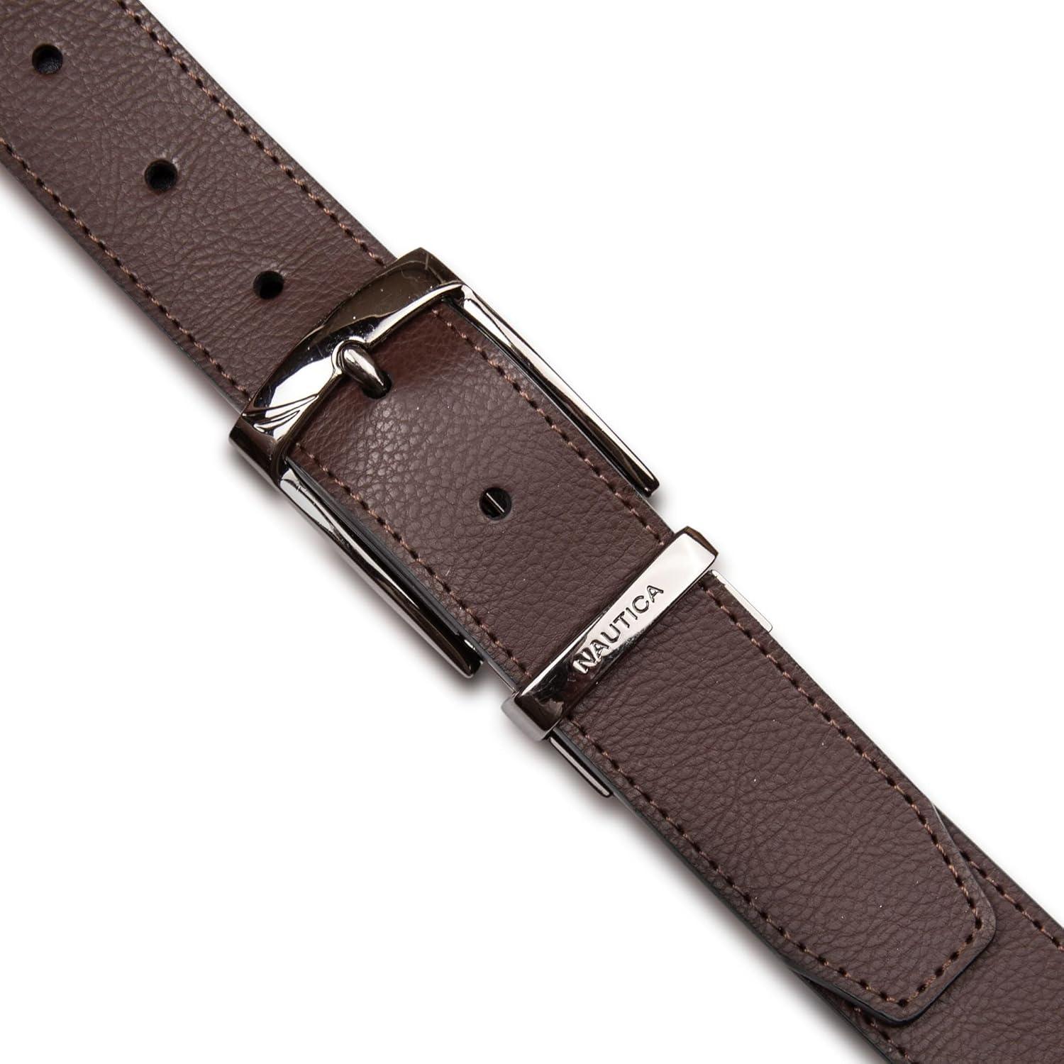 imageNautica Mens Reversible Leather Belt 2in1 Classic Everyday Business Work Dress Casual Metal BuckleEngraved BrownBlack