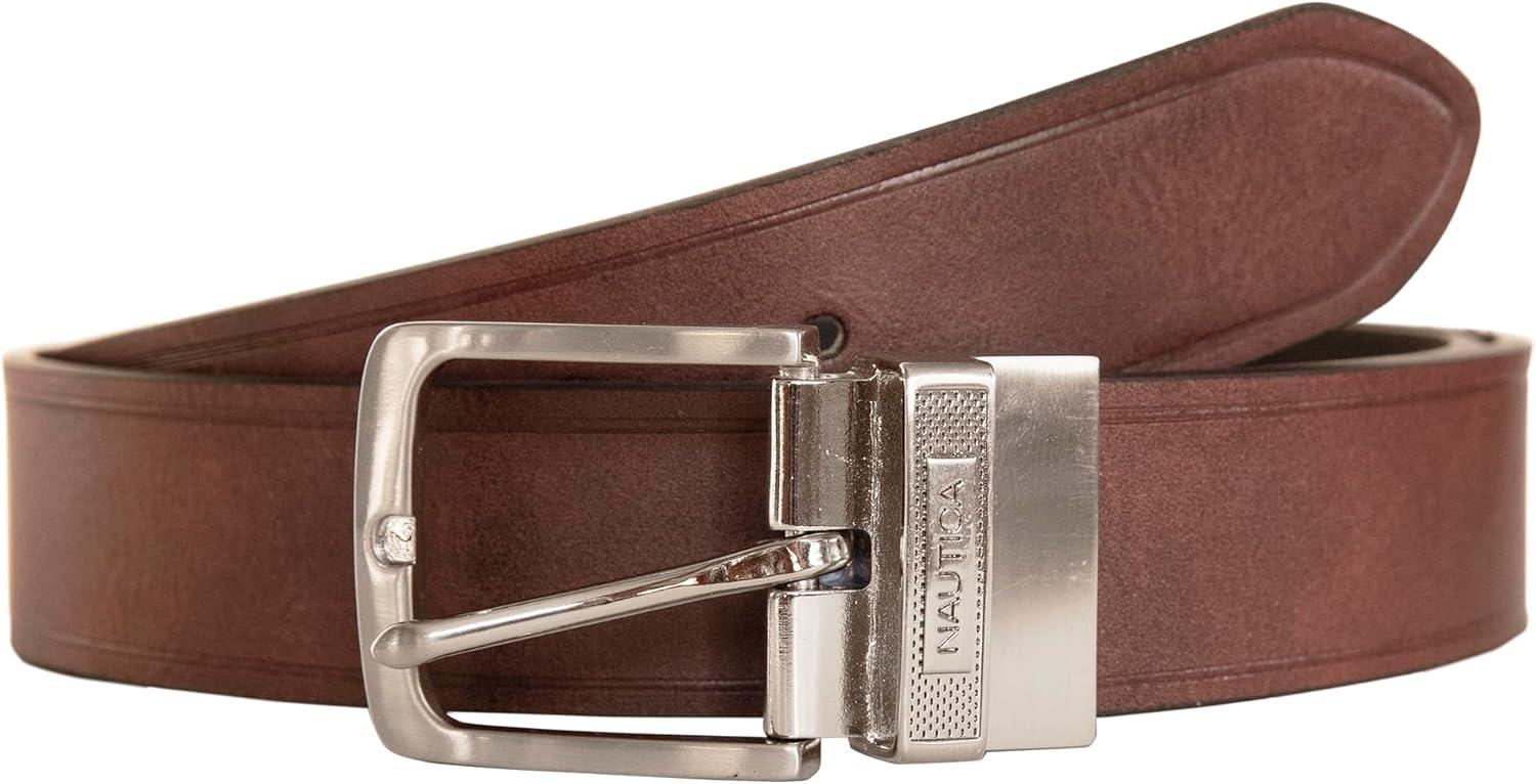 imageNautica Mens Reversible Leather Belt 2in1 Classic Everyday Business Work Dress Casual Metal BuckleEngraved Keeper BlackBrown